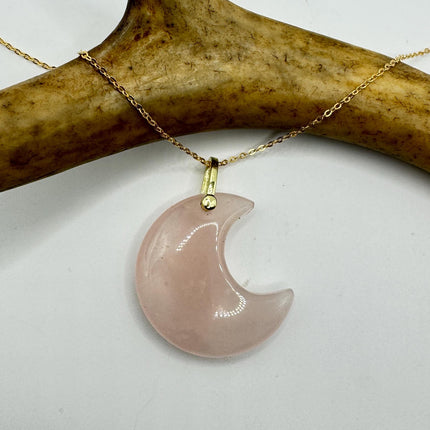 Vintage Gold Moon Pendant Necklace Pink Rose quartz Multiple Chain Lengths