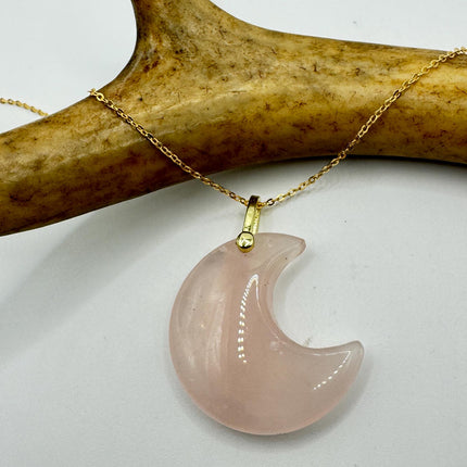 Vintage Gold Moon Pendant Necklace Pink Rose quartz Multiple Chain Lengths