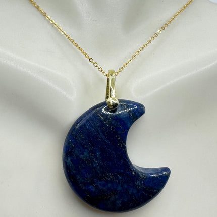 Vintage Gold Moon Pendant Necklace Blue Lapis Lazuli Multiple Chain Lengths