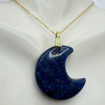 Vintage Gold Moon Pendant Necklace Blue Lapis Lazuli Multiple Chain Lengths