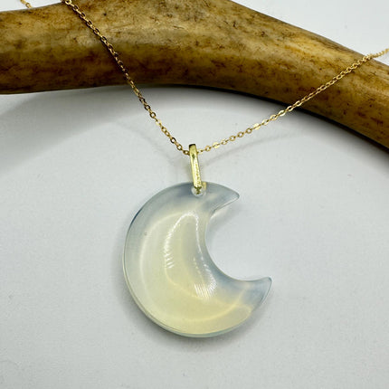 Vintage Gold Moon Pendant Necklace Blue White Opal Glass Multiple Chain Lengths