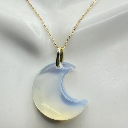 Vintage Gold Moon Pendant Necklace Blue White Opal Glass Multiple Chain Lengths