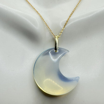 Vintage Gold Moon Pendant Necklace Blue White Opal Glass Multiple Chain Lengths
