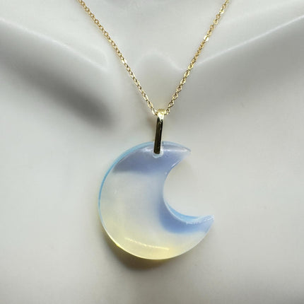 Vintage Gold Moon Pendant Necklace Blue White Opal Glass Multiple Chain Lengths