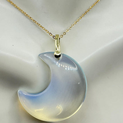 Vintage Gold Moon Pendant Necklace Blue White Opal Glass Multiple Chain Lengths
