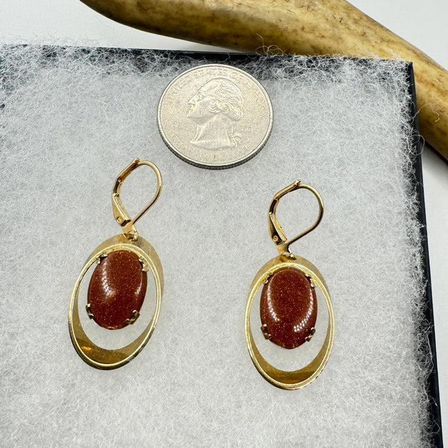 Vintage Goldstone Earrings Dangle Lever Back Gold Filled