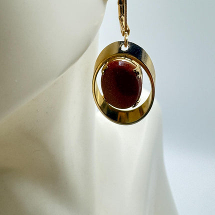 Vintage Goldstone Earrings Dangle Lever Back Gold Filled