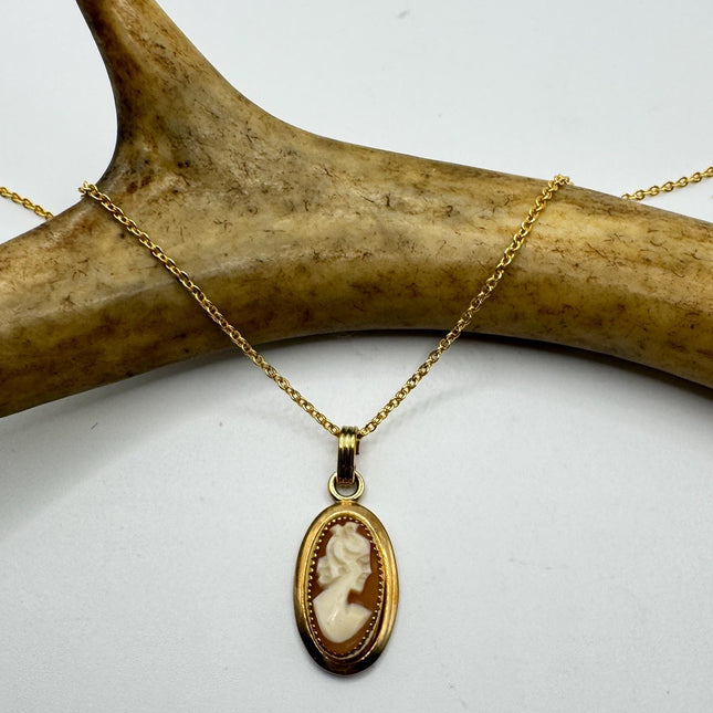 Vintage Cameo Pendant Necklace: Gold Filled Charm, Delicate Chain