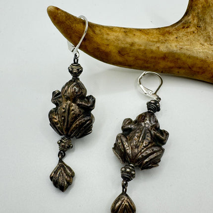 Vintage Silver Frog Earrings 925 Sterling Silver Liver Backs