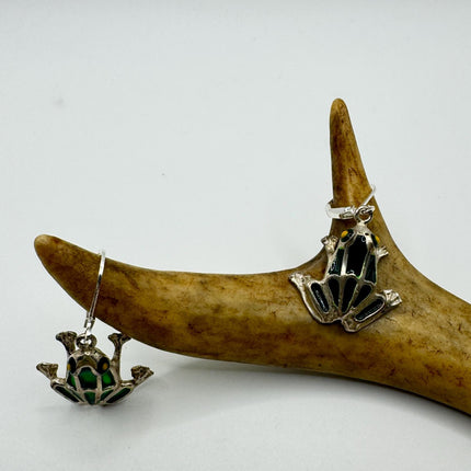 Vintage Green Enamel Frog Earrings 925 Sterling Silver Liver Backs