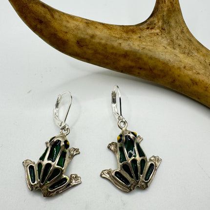 Vintage Green Enamel Frog Earrings 925 Sterling Silver Liver Backs