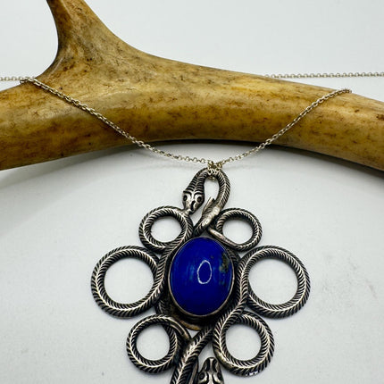 Vintage Lapis Lazuli Gemstone Snake SerpentPendant | 925 Sterling Silver Necklace