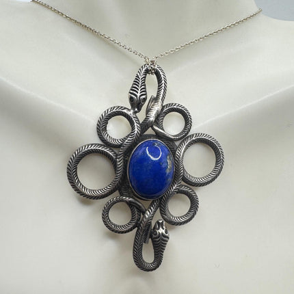 Vintage Lapis Lazuli Gemstone Snake SerpentPendant | 925 Sterling Silver Necklace