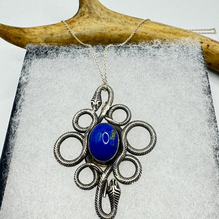 Vintage Lapis Lazuli Gemstone Snake SerpentPendant | 925 Sterling Silver Necklace