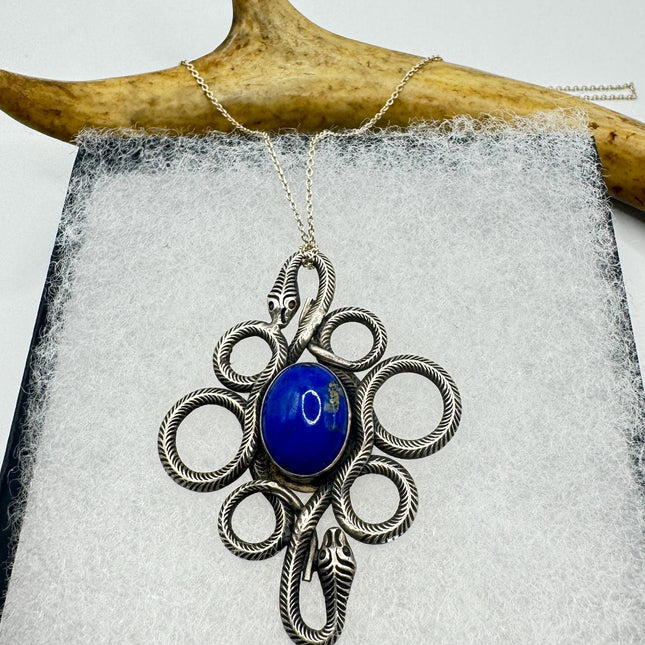 Vintage Lapis Lazuli Gemstone Snake SerpentPendant | 925 Sterling Silver Necklace