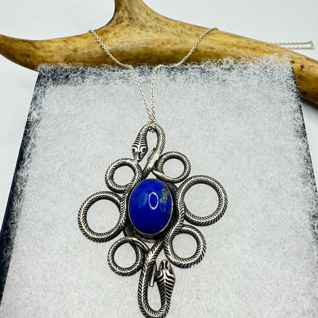 Vintage Lapis Lazuli Gemstone Snake SerpentPendant | 925 Sterling Silver Necklace
