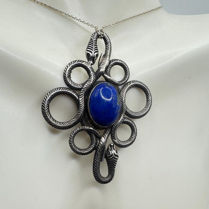 Vintage Lapis Lazuli Gemstone Snake SerpentPendant | 925 Sterling Silver Necklace
