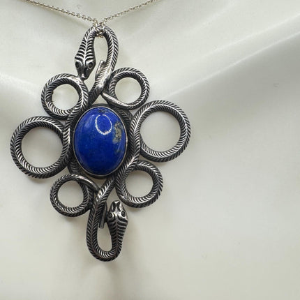 Vintage Lapis Lazuli Gemstone Snake SerpentPendant | 925 Sterling Silver Necklace