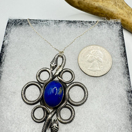 Vintage Lapis Lazuli Gemstone Snake SerpentPendant | 925 Sterling Silver Necklace