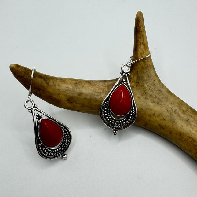 Vintage Red Coral Glass Silver Earrings | 925 sterling Silver Lever Backs