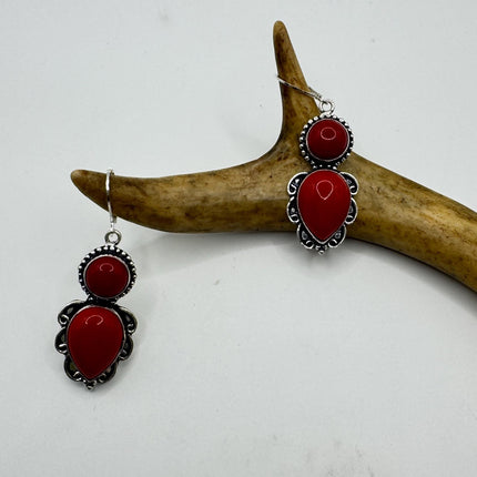 Vintage Red Coral Glass Silver Earrings | 925 sterling Silver Lever Backs