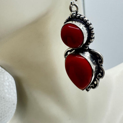 Vintage Red Coral Glass Silver Earrings | 925 sterling Silver Lever Backs