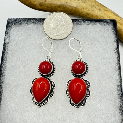 Vintage Red Coral Glass Silver Earrings | 925 sterling Silver Lever Backs