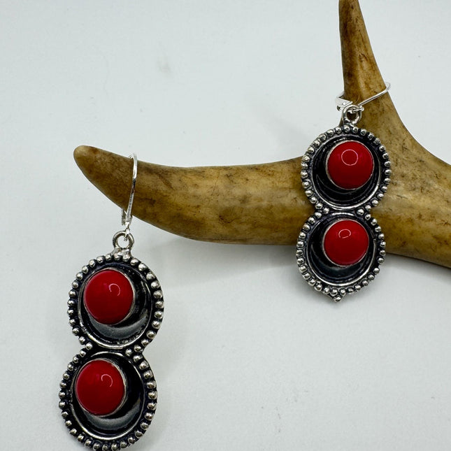 Vintage Red Coral Glass Silver Earrings | 925 sterling Silver Lever Backs