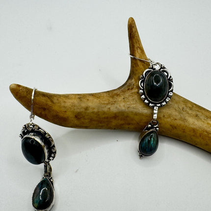 Vintage Labradorite Dangle Earrings Sterling Silver Leverbacks