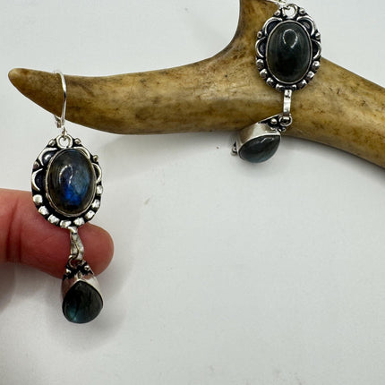 Vintage Labradorite Dangle Earrings Sterling Silver Leverbacks