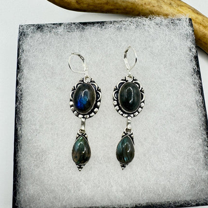 Vintage Labradorite Dangle Earrings Sterling Silver Leverbacks