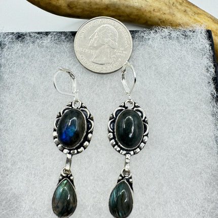 Vintage Labradorite Dangle Earrings Sterling Silver Leverbacks