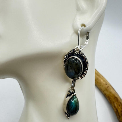 Vintage Labradorite Dangle Earrings Sterling Silver Leverbacks