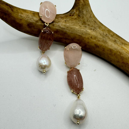 Vintage Pink Cherry Quartz Earrings - Golden 925 Sterling Silver