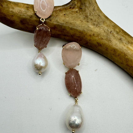 Vintage Pink Cherry Quartz Earrings - Golden 925 Sterling Silver