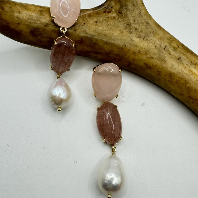 Vintage Pink Cherry Quartz Earrings - Golden 925 Sterling Silver