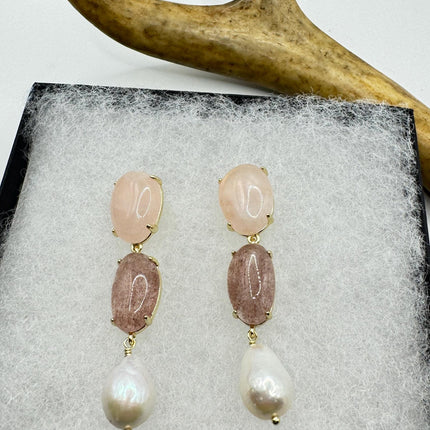 Vintage Pink Cherry Quartz Earrings - Golden 925 Sterling Silver