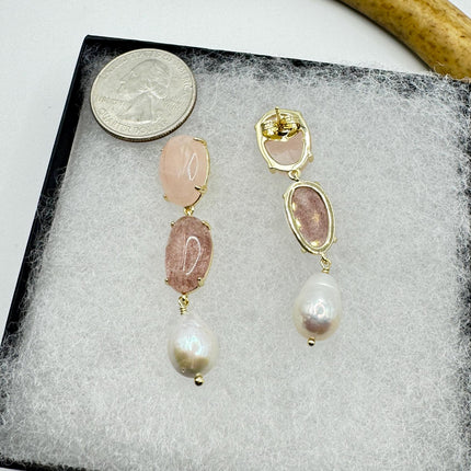 Vintage Pink Cherry Quartz Earrings - Golden 925 Sterling Silver