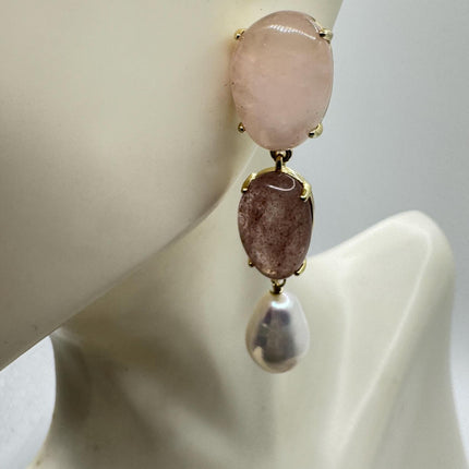 Vintage Pink Cherry Quartz Earrings - Golden 925 Sterling Silver