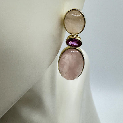 Vintage Pink Rose Quartz Earrings - Golden 925 Sterling Silver