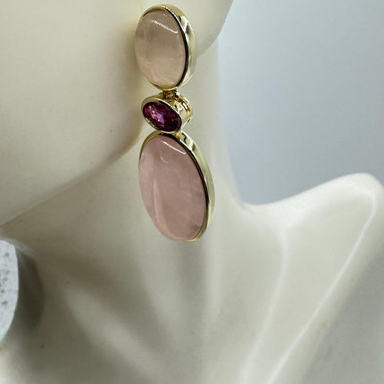 Vintage Pink Rose Quartz Earrings - Golden 925 Sterling Silver