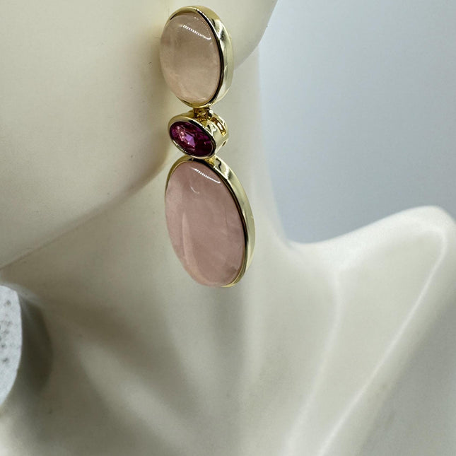 Vintage Pink Rose Quartz Earrings - Golden 925 Sterling Silver