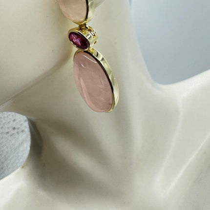 Vintage Pink Rose Quartz Earrings - Golden 925 Sterling Silver