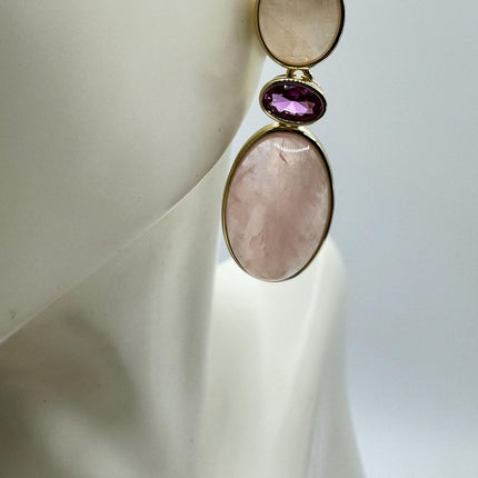 Vintage Pink Rose Quartz Earrings - Golden 925 Sterling Silver