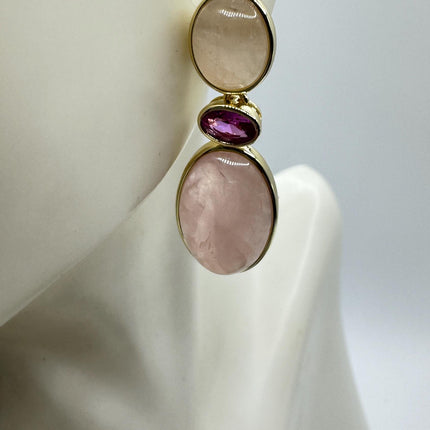 Vintage Pink Rose Quartz Earrings - Golden 925 Sterling Silver