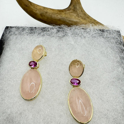 Vintage Pink Rose Quartz Earrings - Golden 925 Sterling Silver