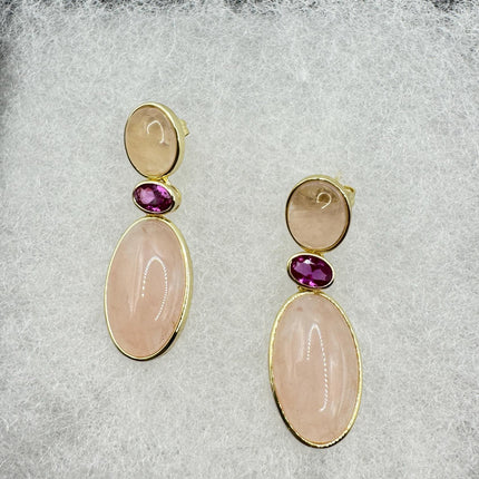 Vintage Pink Rose Quartz Earrings - Golden 925 Sterling Silver