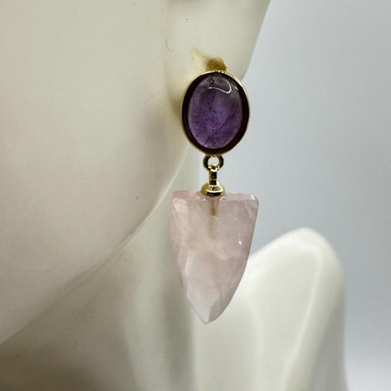 Vintage Pink Rose Quartz Earrings - Golden 925 Sterling Silver