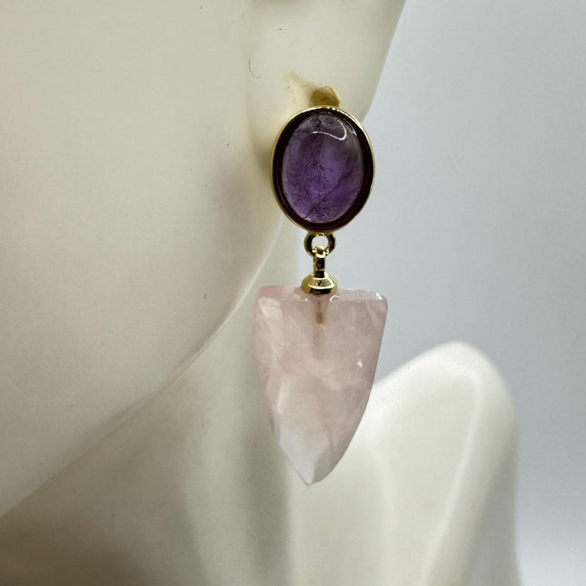 Vintage Pink Rose Quartz Earrings - Golden 925 Sterling Silver