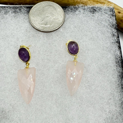 Vintage Pink Rose Quartz Earrings - Golden 925 Sterling Silver